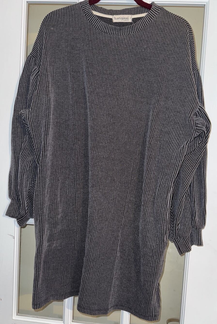 B Original Dress Womens L Dark Gray Cord Striped Long Sleeve Knee Length